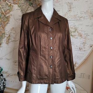 Coldwater Creek metallic brown copper fitted blazer jean jacket edgy moto 12